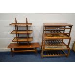 TWO BEECH TILE TOP COFFEE TABLES together with a similar teak coffee table, a three tier open