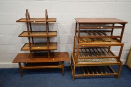 TWO BEECH TILE TOP COFFEE TABLES together with a similar teak coffee table, a three tier open