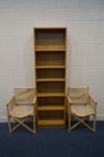 A SLIM OAK EFFECT OPEN BOOKCASE, width 60cm x depth 28cm x height 203cm along with a pair of