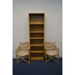 A SLIM OAK EFFECT OPEN BOOKCASE, width 60cm x depth 28cm x height 203cm along with a pair of