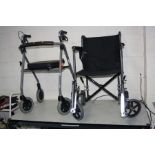 AN ANGEL MOBILITY WHEELCHAIR with footrests but missing one seat clip and a Kaliff Walker (2)