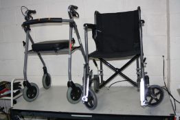 AN ANGEL MOBILITY WHEELCHAIR with footrests but missing one seat clip and a Kaliff Walker (2)