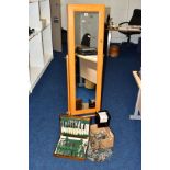 A FREE-STANDING MIRROR JEWELLERY DISPLAY CABINET, COSTUME JEWELLERY, A WATCH WINDER AND A CANTEEN OF