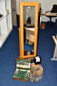 A FREE-STANDING MIRROR JEWELLERY DISPLAY CABINET, COSTUME JEWELLERY, A WATCH WINDER AND A CANTEEN OF