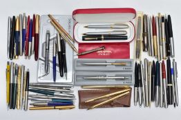 A BOX OF PENS AND RETRACTABLE PENCILS, to include a variety of ball point, fountain pens and