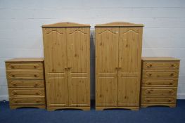 A PAIR OF MODERN PINE EFFECT DOUBLE DOOR WARDROBES, width 97cm x depth 54cm x height 184cm