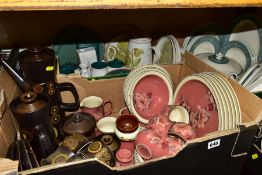 THREE BOXES OF DENBY AND ROYAL DOULTON PART DINNERWARES, to include Denby 'Damask' (sd) (32), '