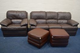 A JH HICOLITY BROWN LEATHER MANUAL RECLINING TWO PIECE LOUNGE SUITE, comprising a three seater