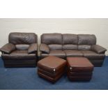 A JH HICOLITY BROWN LEATHER MANUAL RECLINING TWO PIECE LOUNGE SUITE, comprising a three seater