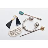 A GOLD RUBY TOPPED STICK PIN, A TURQUOISE STICK PIN, A SILVER KEYRING AND A PAIR OF EARRINGS, the