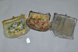 THREE LADIES EVENING BAGS, comprising a chainmail example-no obvious damage, a bead work bag with