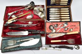 A SELECTION OF WHITE METAL CUTLERY, to include a silver handled button hook hallmarked Birmingham, a