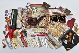 A BOX OF MISCELLANEOUS ITEMS, to include a box of cultured pearl and imitation pearl necklaces and