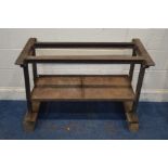 A VINTAGE CAST IRON TABLE BASE united by a undershelf, width 105cm x depth 56cm x height 73cm