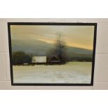 A WINTER LANDSCAPE WITH TRACKS LEADING ACROSS A FIELD TO FARM BUILDINGS, indistinctly signed (