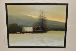 A WINTER LANDSCAPE WITH TRACKS LEADING ACROSS A FIELD TO FARM BUILDINGS, indistinctly signed (