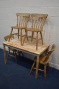 A SET OF FOUR BEECH KITCHEN CHAIRS, and a modern pine table (5)