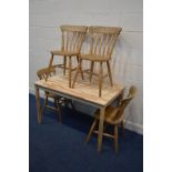 A SET OF FOUR BEECH KITCHEN CHAIRS, and a modern pine table (5)