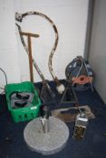 A COLLECTION OF METALWORK AND MISC including a vintage cast iron Lantern bracket, a tray of four
