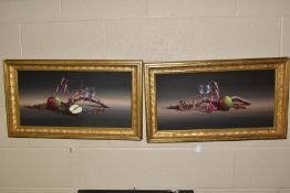 JOHN.F.SIM (BRITISH CONTEMPORARY),a pair of still life studies depicting apples, wine, glasses,