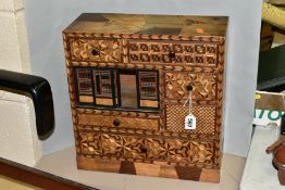 A WOODEN PARQUETRY SPECIMEN BOX, five various sized draws and aperture with sliding pierced