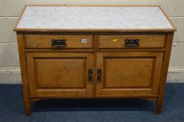 An EARLY 20TH CENTURY ART NOUVEAU POLLARD OAK WASHSTAND, with two drawers over double cupboard