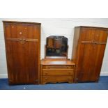AN OAK THREE PIECE BEDROOM SUITE, comprising two double door wardrobes and a matching dressing chest