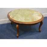 A MODERN MAHOGANY CIRCULAR ONYX TOPPED COFFEE TABLE, diameter 93cm x height 43cm