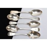 FIVE SILVER FIDDLE PATTERN TABLESPOONS, each with an engraved initial 'K' to the handles, four