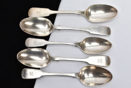 FIVE SILVER FIDDLE PATTERN TABLESPOONS, each with an engraved initial 'K' to the handles, four