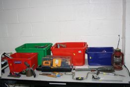 FOUR TRAYS CONTAINING HAND AND POWER TOOLS including a Black and Decker Planer and Sander (both