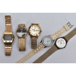 FIVE WRISTWATCHES, to include a gents circular gold tone dial signed 'Sekonda' baton markers, day