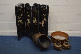 A STAINED WOOD AND COOPERED LOG BUCKET, together with an oriental ebonised fourfold table top screen