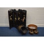 A STAINED WOOD AND COOPERED LOG BUCKET, together with an oriental ebonised fourfold table top screen