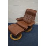 A BROWN LEATHER STRESSLESS RECLINING SWIVEL CHAIR and matching stool (sd) (2)