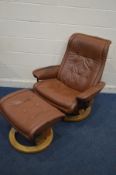 A BROWN LEATHER STRESSLESS RECLINING SWIVEL CHAIR and matching stool (sd) (2)