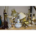 A GROUP OF TABLE LAMPS AND LIGHT FITTINGS, to include Hummel 'Apple Tree Boy' lamp base, HUM230,