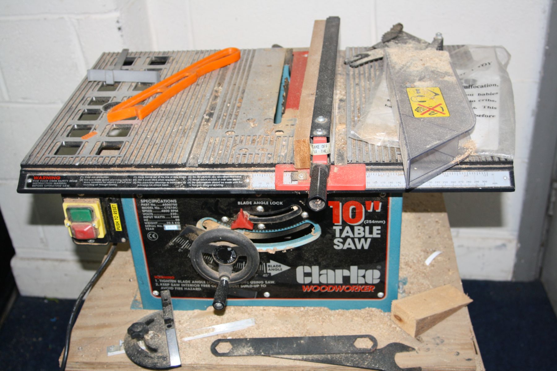 A CLARKE 10 INCH TABLE SAW mounted to a bespoke plywood stand (PAT pass and working) blade guard - Image 2 of 2