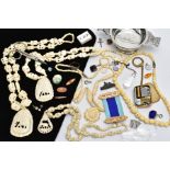 A SELECTION OF CARVED BONE BEAD NECKLACES, PAIR OF MANICURE SCISSORS, A KEYRING, SILVER CROSS