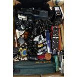 A BOX OF SUNDRY ITEMS, to include Olympus Quickmastic Camera, five hip flasks, cased set of