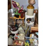 THREE BOXES AND LOOSE CERAMICS, GLASS, BINOCULARS, COLLECTABLES, ARTIFICIAL FLOWERS, etc,