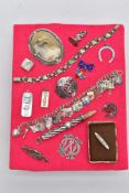 A SELECTION OF SILVER AND WHITE METAL ITEMS, to include two silver ingot pendants with hallmarks for