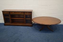 A MODERN MAHOGANY SIDEBOARD with three various drawers, width 157cm x depth 35cm x height 83cm and a