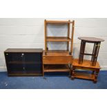 AN OAK GLAZED BOOKCASE, an oak tea trolley, retro teak drop leaf tea trolley, mahogany oval nest