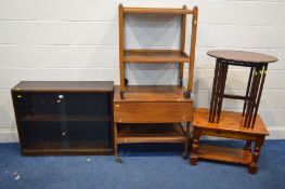 AN OAK GLAZED BOOKCASE, an oak tea trolley, retro teak drop leaf tea trolley, mahogany oval nest