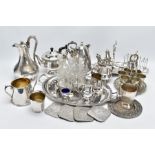 A BOX OF METALWARE. To include a white metal and glass six-piece cruet set, a 'Walker & Hall'