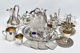 A BOX OF METALWARE. To include a white metal and glass six-piece cruet set, a 'Walker & Hall'