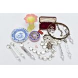 A BOX OF MISCELLANEOUS ITEMS, to include a brass and colourless glass chandelier, a round decorative