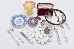 A BOX OF MISCELLANEOUS ITEMS, to include a brass and colourless glass chandelier, a round decorative