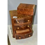 A 20TH CENTURY GEORGE III STYLE MAHOGANY MINIATURE CHEST WITH THREE GRADUATED DRAWERS, on bracket